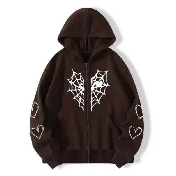 Sp5der Zipper Web & Heart Hoodie Brown